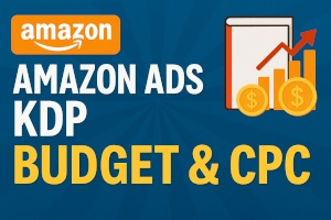 Image illustrant la publicité Amazon KDP avec un écran affichant une campagne publicitaire, un livre autoédité et des icônes de budget et d’enchères