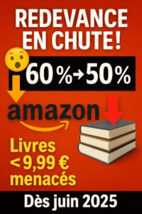 Amazon KDP : la redevance passe de 60 % à 50 % dès juin 2025 Graphisme avec fond rouge montrant des livres et les phrases "redevance en chute", "60 % -> 50 %", "Livres à moins de 9,99 € menacés", "dès juin 2025"