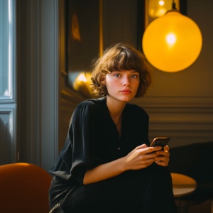 Une femme consultant un SMS frauduleux de faux livreur sur smartphone