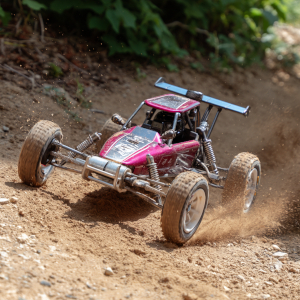 Buggy RC de modélisme en action sur terrain extérieur
