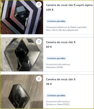 Capture d’écran Le Bon Coin montrant des caméras de recul pour Renault Clio 5 proposées à différents prix