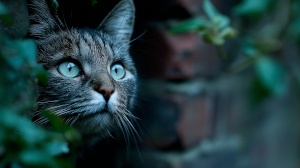 Chat tigré explorant un trou dans un mur de brique, observant à travers les feuilles