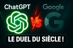 ChatGPT vs Google : le duel ultime du shopping intelligent Logos de ChatGPT et Google face à face, séparés par un "VS" en lettres de feu avec le texte "Le duel du siècle"