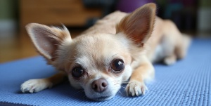 Chihuahua beige se reposant sur un tapis rafraîchissant pendant une forte chaleur Petit chihuahua allongé sur un tapis rafraîchissant bleu pendant une période de forte chaleur
