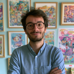 Graphiste créateur de contenu devant un mur exposant ses créations encadrées