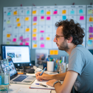 Créateur de contenu préparant un projet dans son espace de travail Travail et organisation d’un créateur de contenu numérique