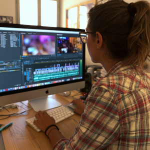 Home studio de création multimédia : montage audio et vidéo par une créatrice de contenu