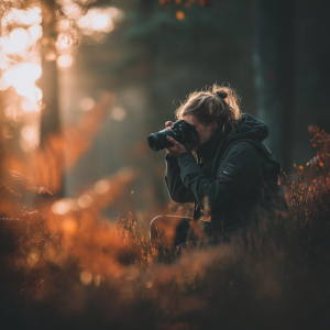 Photographe créatrice de contenu en séance de shooting nature pour différents projets