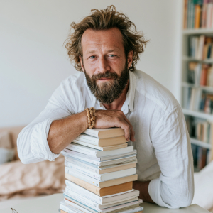Auteur montrant ses ouvrages publiés dans un bureau avec une bibliothèque en arrière-plan