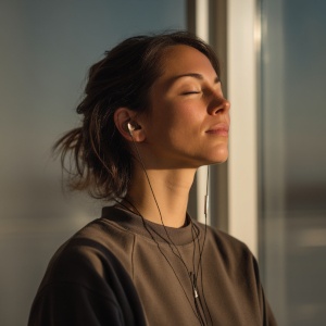 Une femme écoutant de la musique avec des écouteurs filaires Une femme utilisant des écouteurs filaires pour écouter de la musique