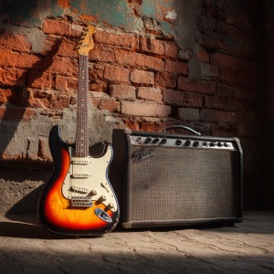 Guitare électrique stratoïde avec ampli à lampes pour débuter Guitare électrique type stratoïde adossée à un mur avec ampli à lampes