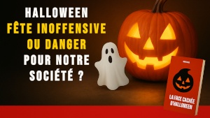 Halloween : fête inoffensive ou danger pour notre société ? Citrouille, fantôme et livre "La Face cachée d’Halloween" illustrant les enjeux culturels de la fête