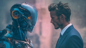 Intelligence additionnelle : l’humain et l’IA unissent leurs forces Un homme et une intelligence artificielle humanoïde collaborent pour surmonter des difficultés