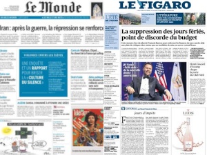Polices avec empattement : exemples Le Monde et Le Figaro Exemplaires des journaux Le Monde et Le Figaro illustrant l’usage des polices de caractères avec empattements