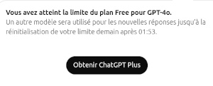 Message d’alerte sur la limite d’accès à GPT-4o Capture d’écran montrant le message de ChatGPT indiquant que les limites d’utilisation du plan GPT-4o gratuit ont été atteintes