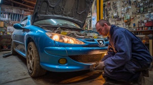 Mécanicien en atelier automobile débutant une intervention sur la traverse d’un véhicule