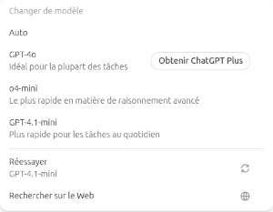 Menu déroulant des modèles disponibles dans ChatGPT Menu déroulant permettant de choisir entre les modèles GPT-4o, GPT-4.1-mini et 04-mini dans ChatGPT