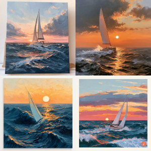 4 propositions d’images générées par Midjourney avant retouche Comparaison de quatre images Midjourney avant leur finalisation avec GIMP
