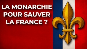 Illustration avec drapeau français, fond rouge et fleur de lys dorée évoquant le débat sur le retour de la monarchie en France