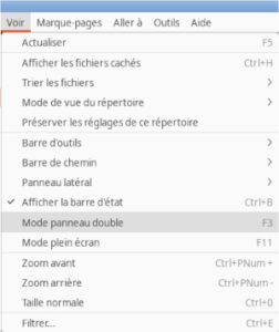 Activer le mode double panneau dans PCManFM sous Linux Capture d’écran de PCManFM montrant comment activer le mode de panneau double via le menu « Voir » sous Linux