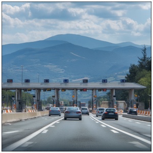 Arrivée de véhicules à un péage moderne sans barrière