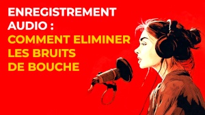 Podcasteuse avec micro équipé d’un filtre anti-pop Illustration d’une podcasteuse enregistrant avec un micro et un filtre anti-pop pour réduire les bruits de bouche