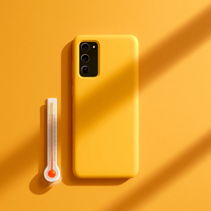 Protéger son smartphone pendant la canicule Smartphone à côté d'un thermomètre indiquant une température élevée pendant une canicule