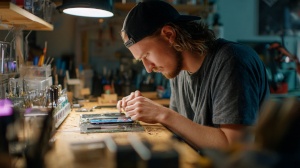 Technicien réparant un smartphone reconditionné dans un atelier spécialisé Technicien en train de remettre en état un smartphone dans un atelier de reconditionnement professionnel