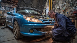Restauration d’une voiture dans un garage - Remettre un véhicule en état soi-même Personne travaillant dans son garage sur une voiture à remettre en état, avec des outils de mécanique et chandelles de levage