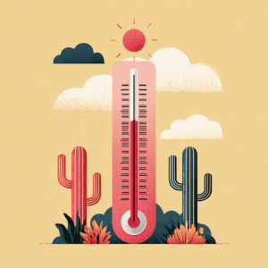 ThermomĂštre au milieu de cactus illustrant les fortes chaleurs et la canicule