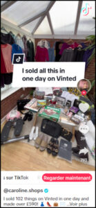 Capture d’écran TikTok du compte Caroline Shops montrant la vente de plusieurs articles sur Vinted