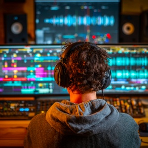 YouTubeur travaillant sur le traitement audio d’une vidéo sur ordinateur avec un logiciel de montage audio