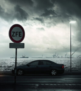 Voiture stationnée en zone réglementée ZFE Véhicule garé près d’un panneau Zone à Faibles Émissions