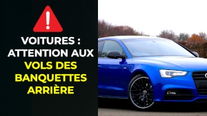 Image d’un véhicule premium avec la mention « Voitures : attention aux vols des banquettes arrières » pour illustrer la hausse des vols de sièges et pièces automobiles.