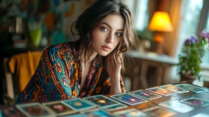 Voyante en consultation avec un jeu de cartes Fonctionnaire révoquée pour activité de voyance lors d’un salon