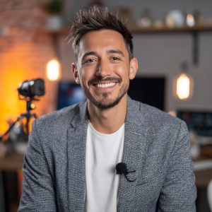 YouTubeur enregistrant une vidéo avec micro cravate Créateur de contenu utilisant un micro cravate pour enregistrer une vidéo YouTube